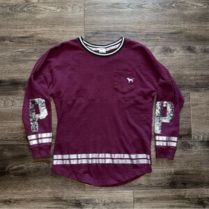 VS PINK Sequin Bling Long Sleeve Varsity Sweater